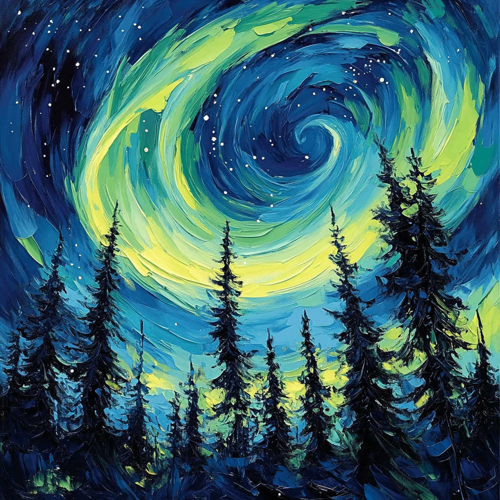 Van Gogh Inspired Aurora Over Pine Forest DIY paint by numbers