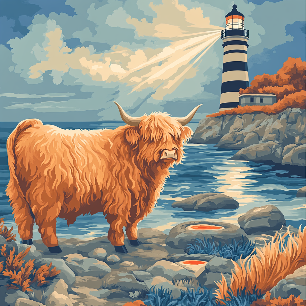 Highland Cow With Lighthouse Mist paint by number