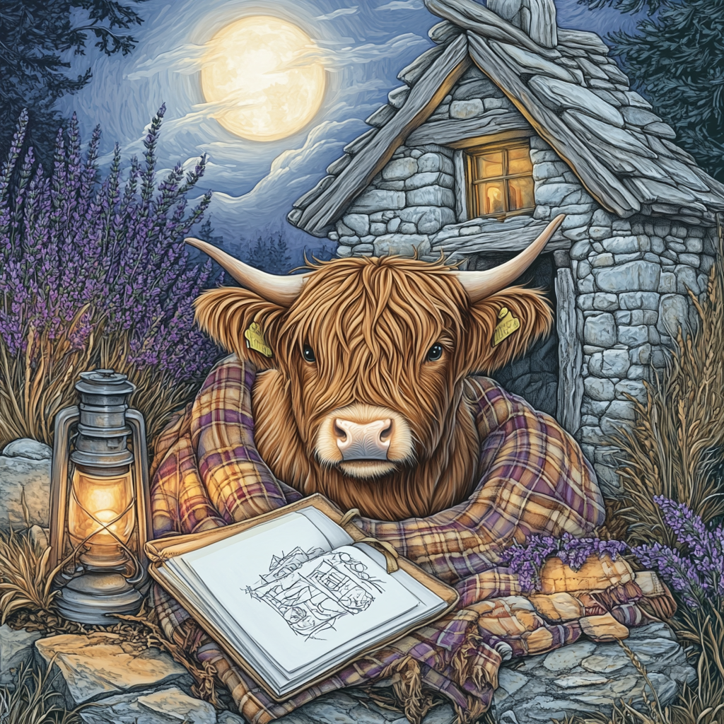Moonlit Bothy Highland Cow Sketchbook paint by numbers