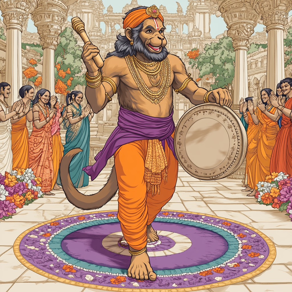 Temple Courtyard Drum Circle, Hanuman Number painting