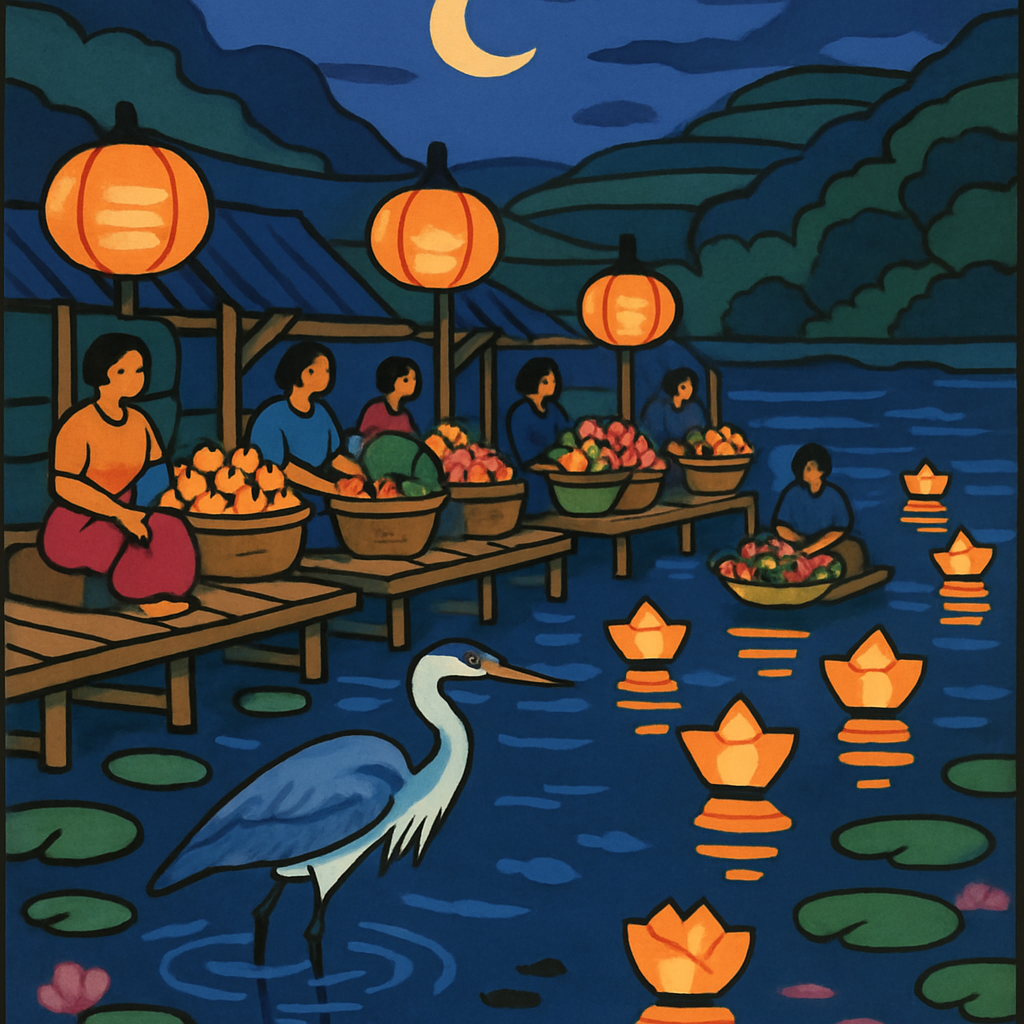 Floating Lantern Market With Lake Reflections Numbered painting kits