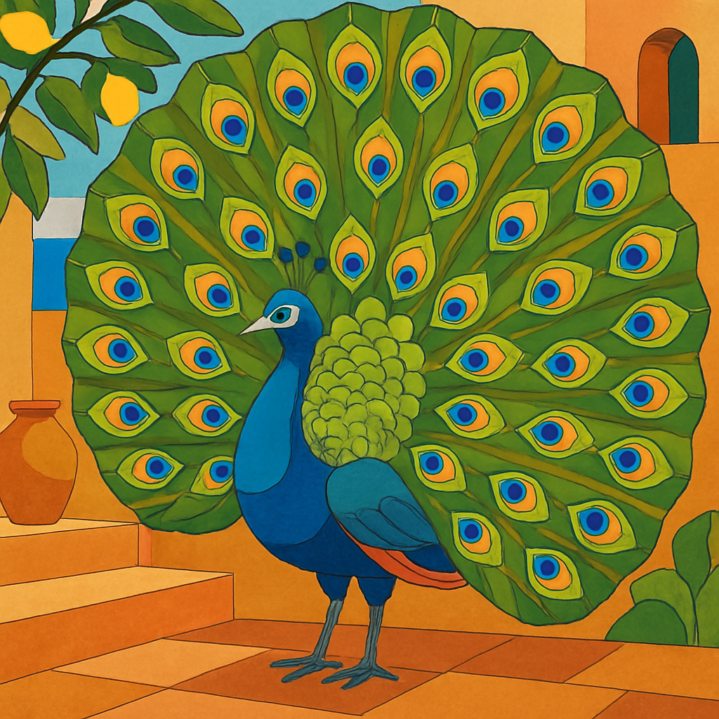 Courtship Parade With Peacock On Terracotta Steps Number painting