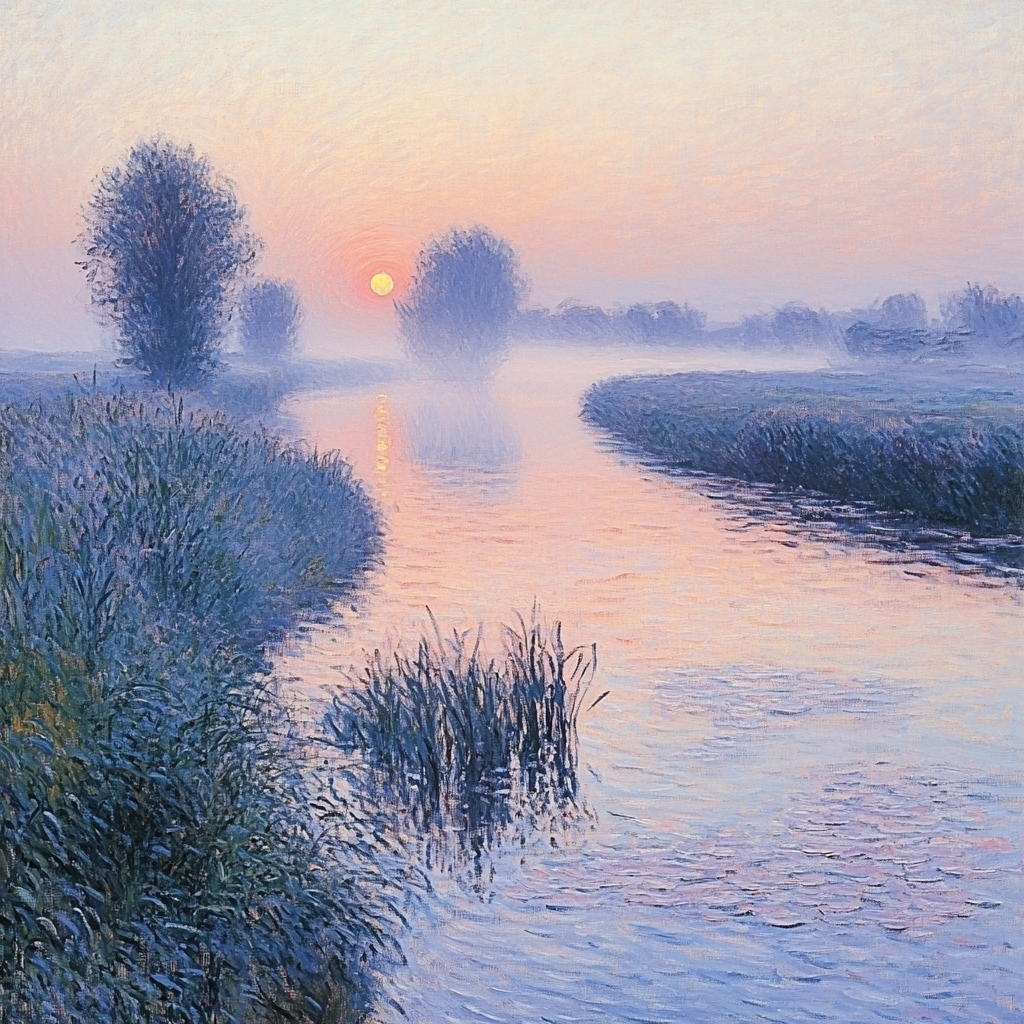 Claude Monet Inspired Sunrise Over Misty River paint by color