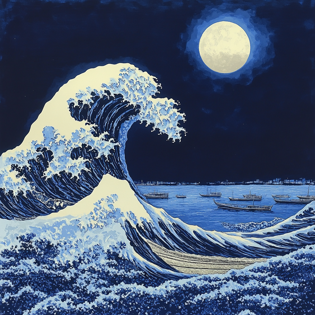 Hokusai Inspired Great Wave Over Moonlit Harbor DIY paint by numbers