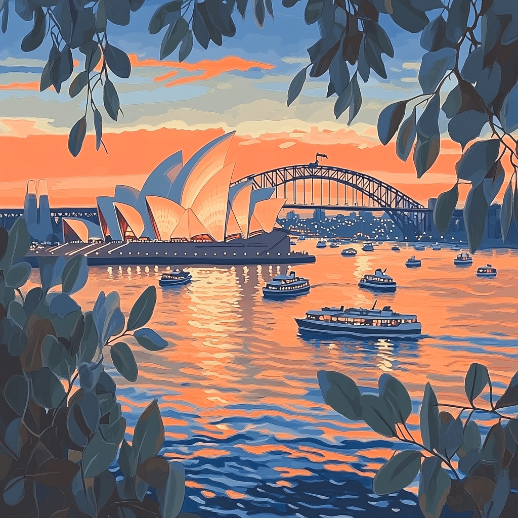 Sunset Silhouette At Sydney Opera House And Harbour Sydney Australia paint by numbers