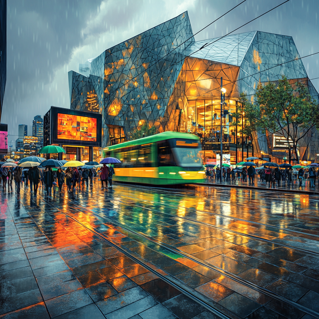Rainy Evening Trams At Federation Square Melbourne Australia Paint by numbers kits