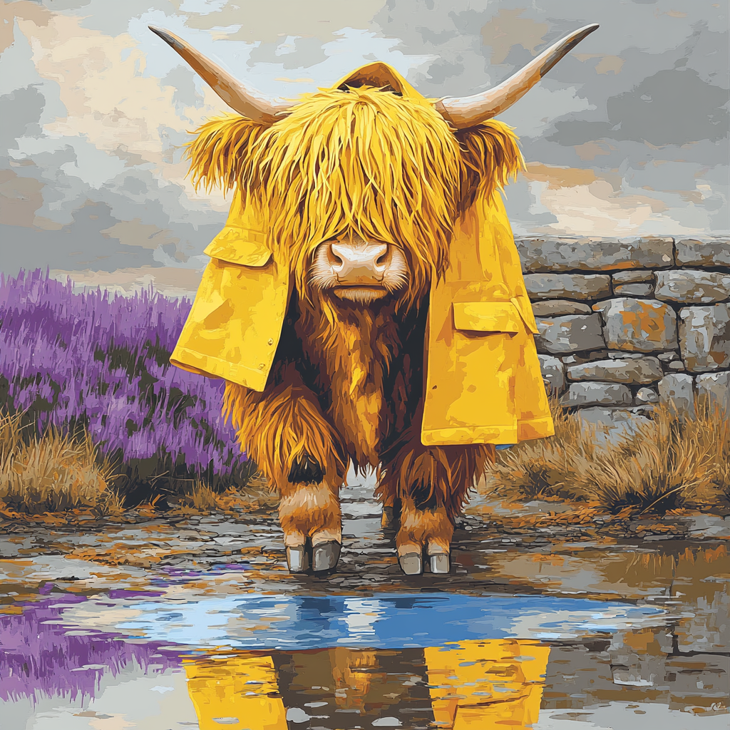 Highland Cow Raincoat And Puddle Reflections Painting by numbers kit