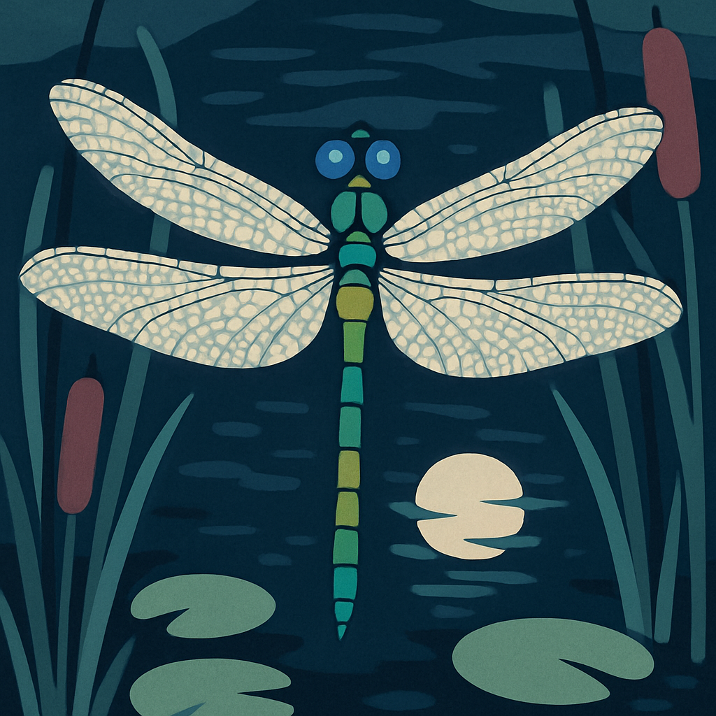 Moonlit Dragonfly Over Marsh Glass Number painting