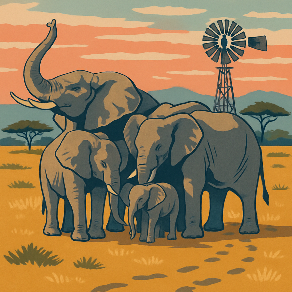 Grassland Windmill With Elephant Guardians Number painting