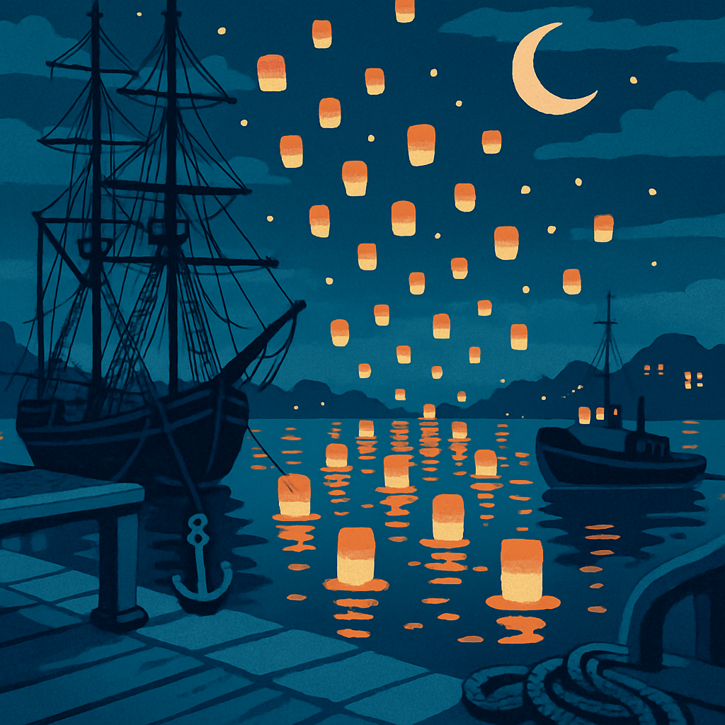 Harbor Lantern Festival With Ship Silhouettes Paint by numbers kits