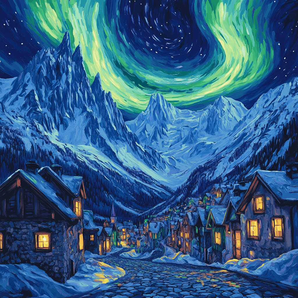 Van Gogh Inspired Aurora Mountain Village Number painting