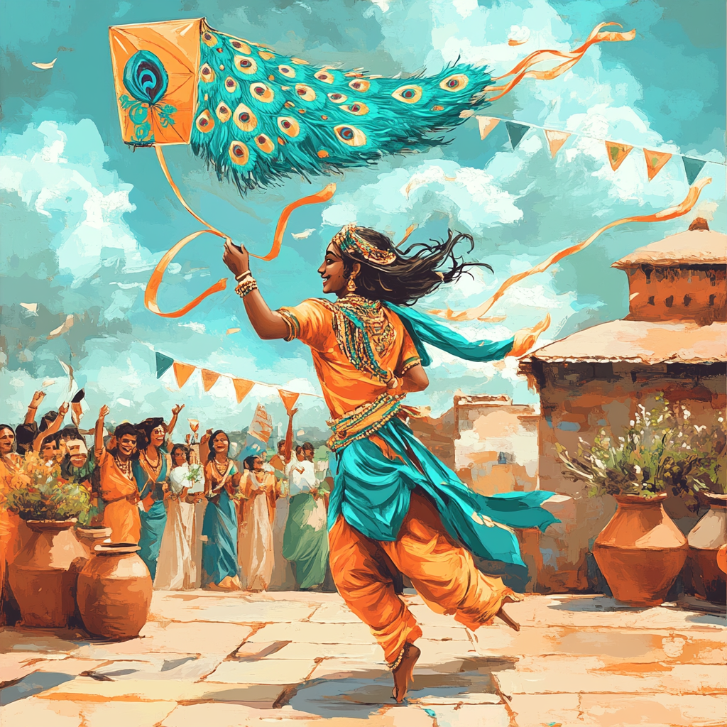 Krishna And The Peacock Feather Kite Festival painting number kit