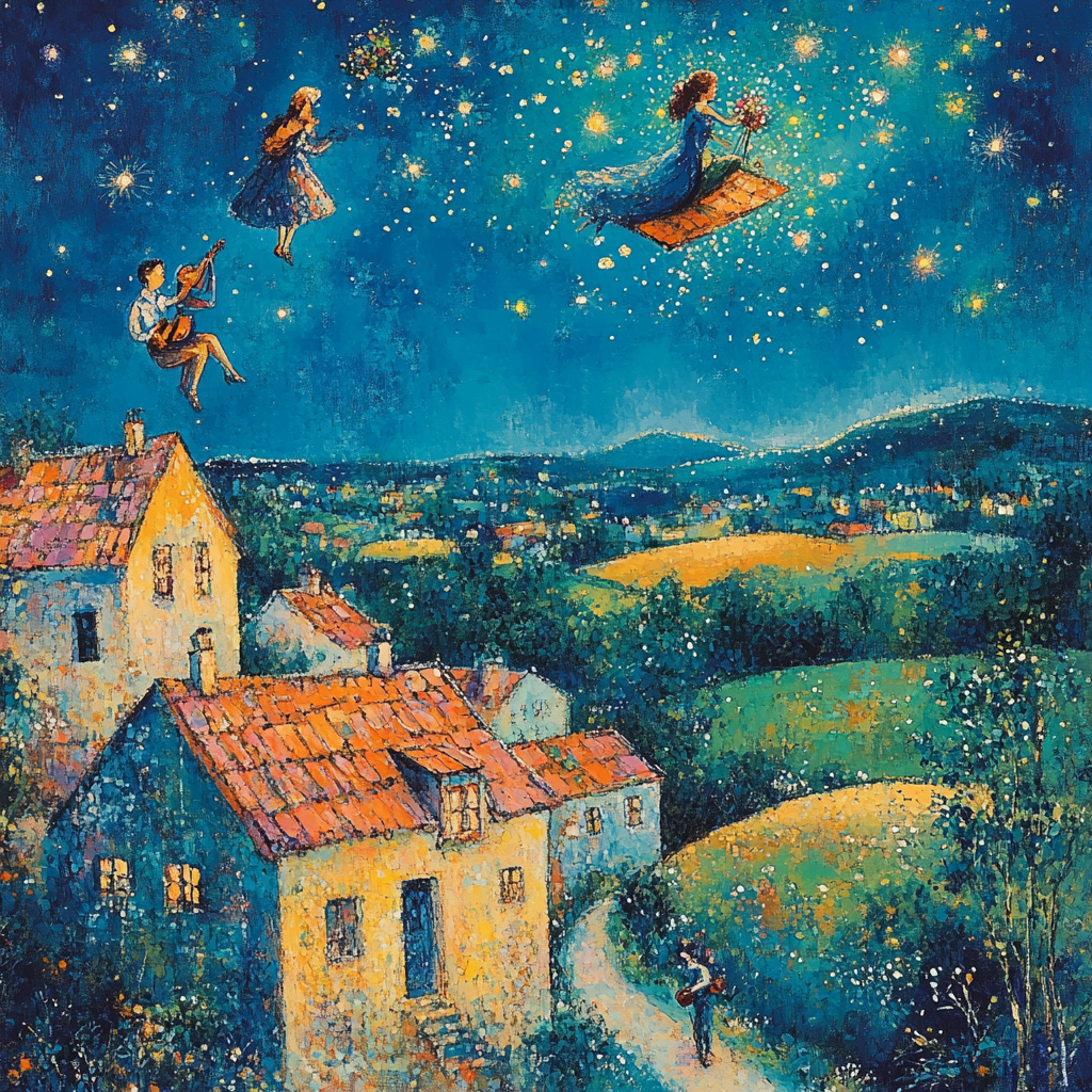 Marc Chagall Inspired Floating Wedding Over Village paint by color