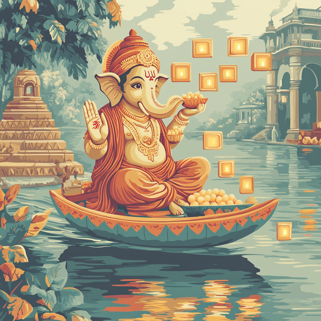 River Lantern Procession With Ganesha Number painting