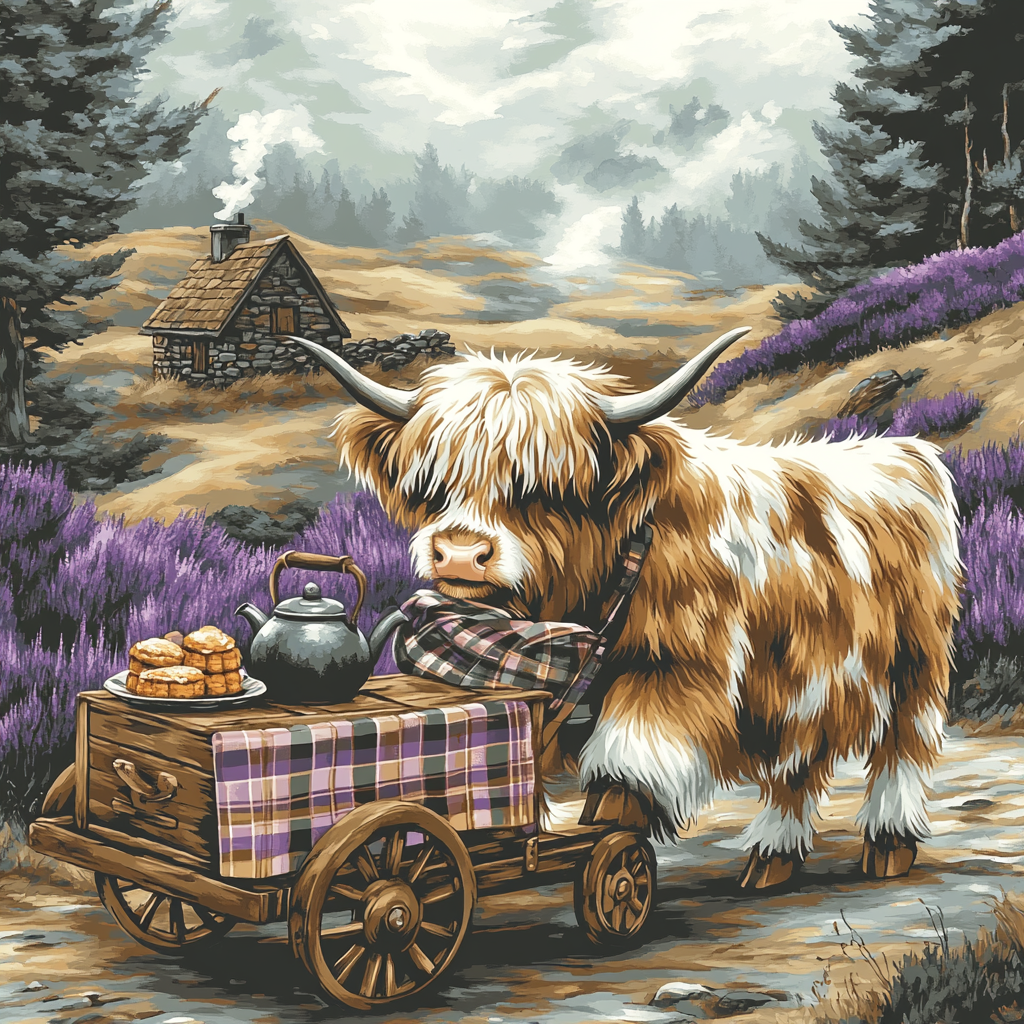 Tea Trolley In The Glen With Highland Cow paint by numbers