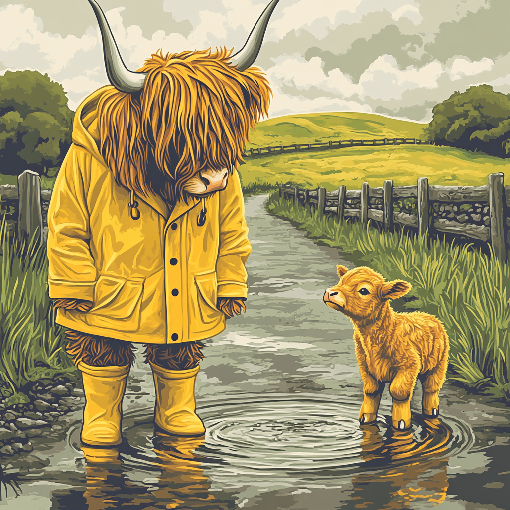 Highland Cow Raincoat And Puddle Splash Lesson Numbered painting kits