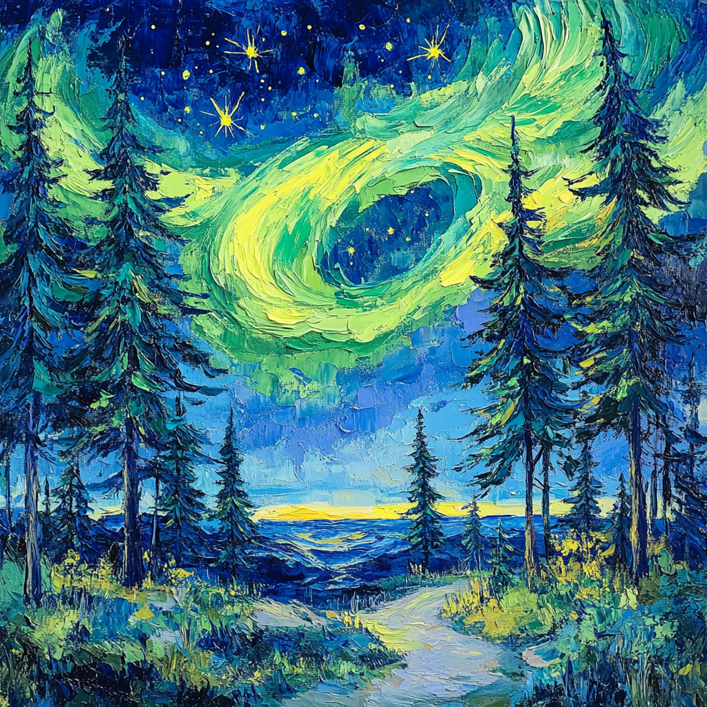 Van Gogh Inspired Aurora Over Pine Forest paint by color