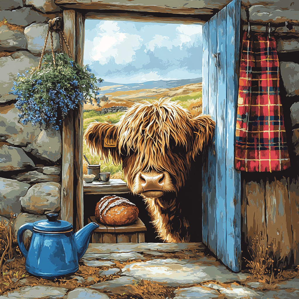 Crofthouse Kitchen With Highland Cow Visitor paint by number
