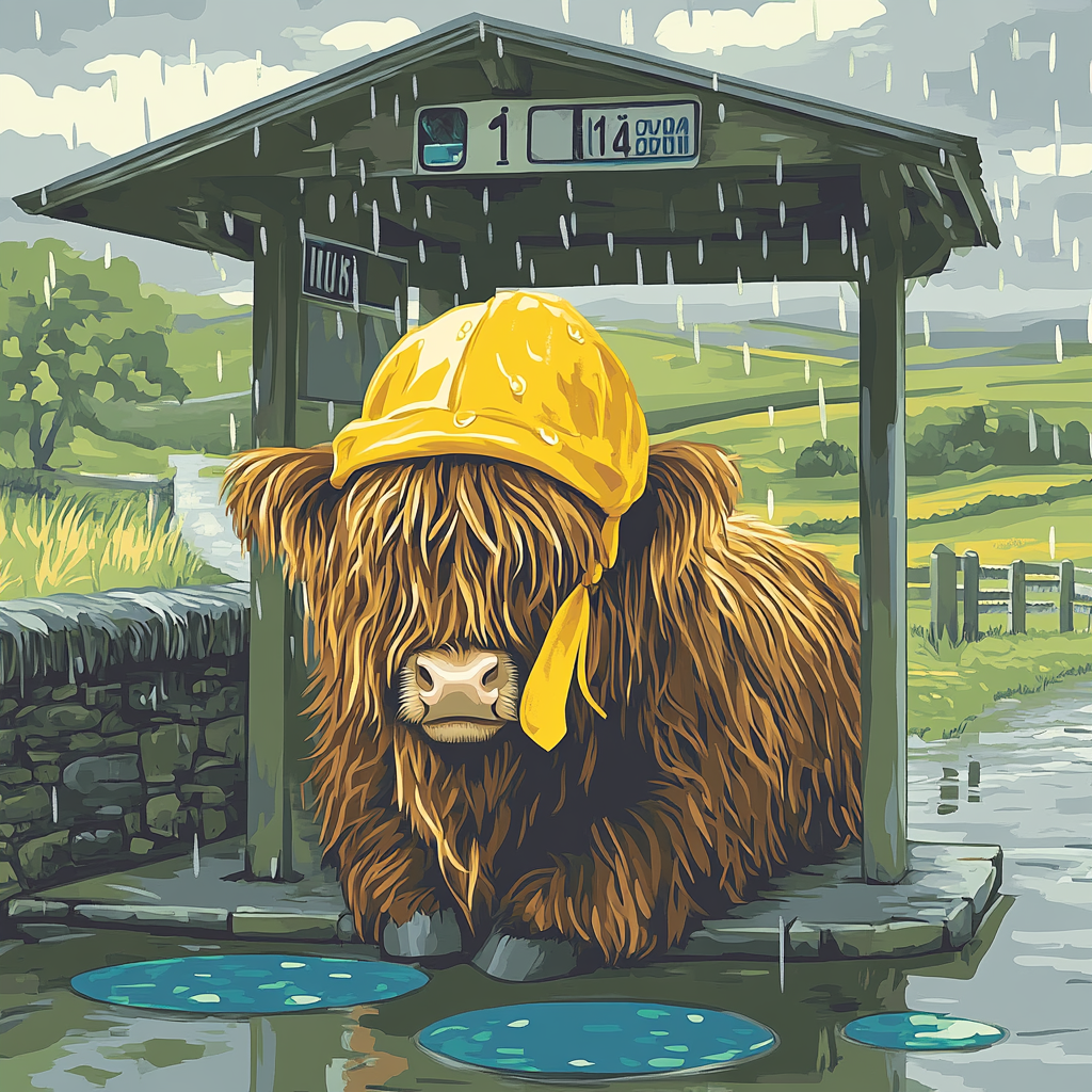 Highland Cow In Rainy Bus Stop Paint by numbers kits