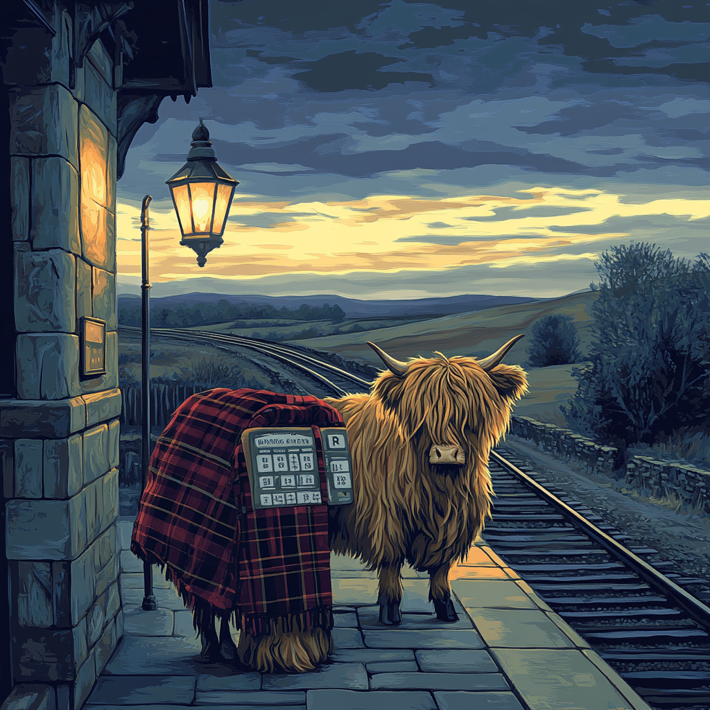 Highland Cow Evening Train Platform paint by color