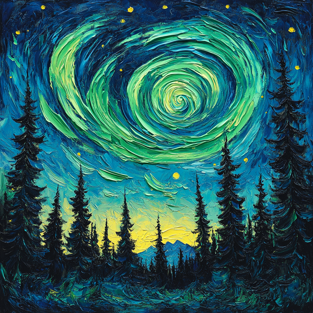Van Gogh Inspired Aurora Over Pine Forest painting number kit