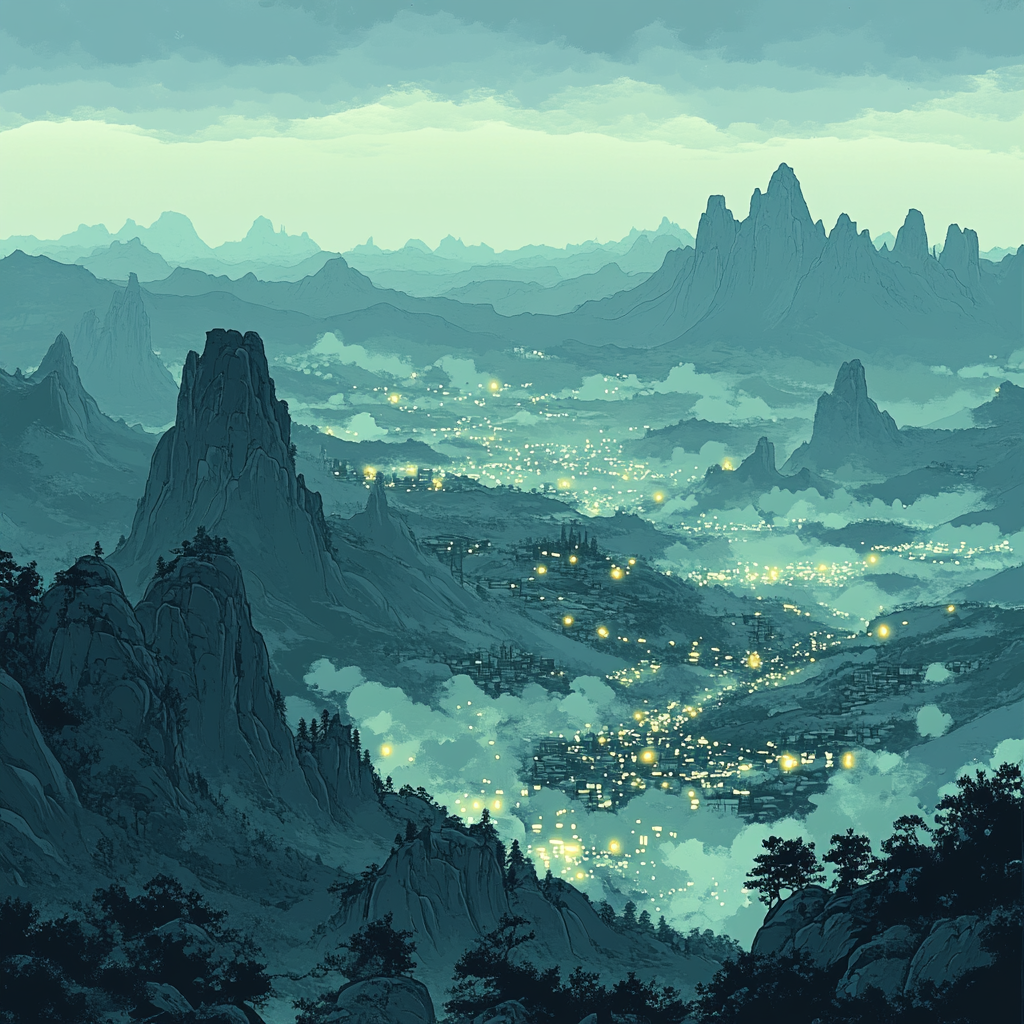Leonardo Da Vinci Inspired Bioluminescent Citylights Over Silent Mountains paint by number