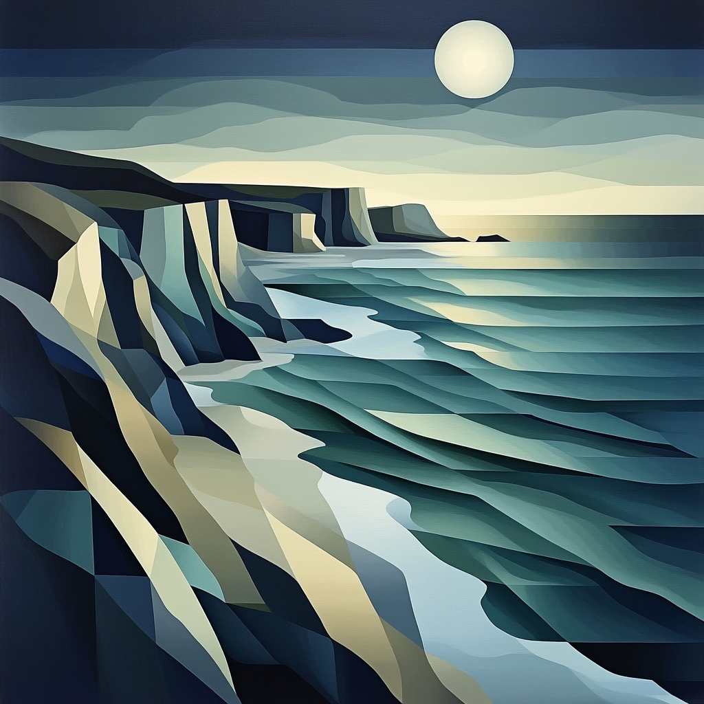 Pablo Picasso Inspired Fractured Moonlit Coastal Cliffs In Cubist Planes Paint by numbers kits