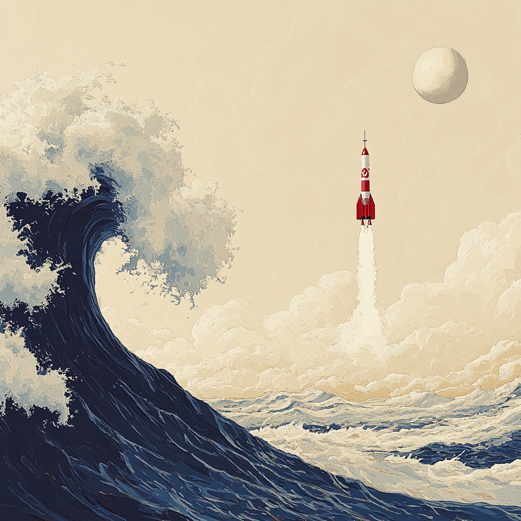 Hokusai Inspired Ocean Wave With Distant Rocket paint by number