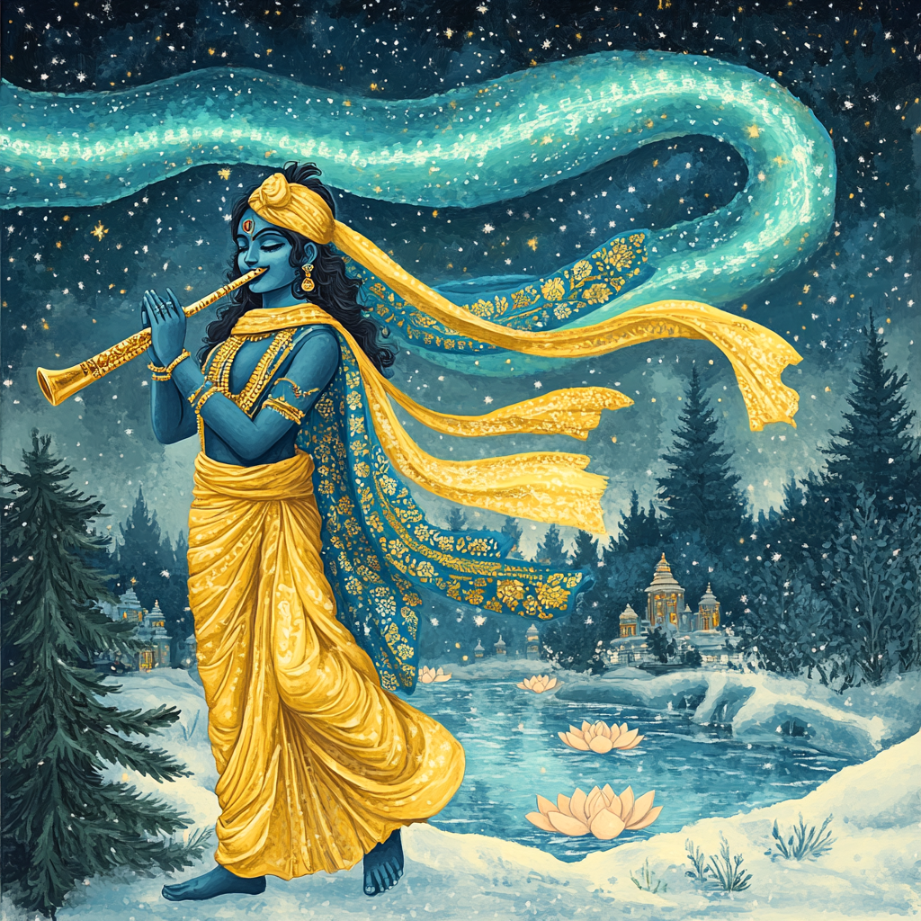 Krishna Playing Flute Under Polar Lights Painting by numbers kit