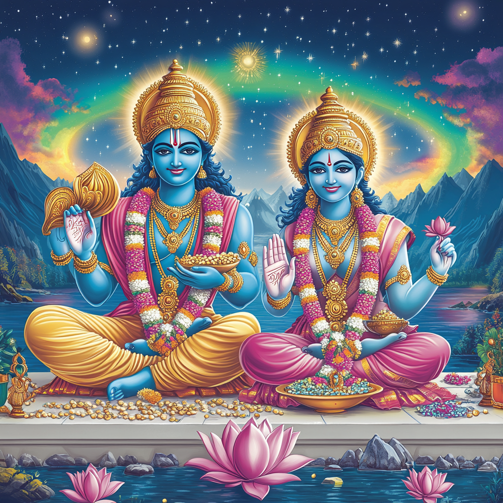 Vishnu And Lakshmi Under The Aurora Lotus Sky Paint by numbers art