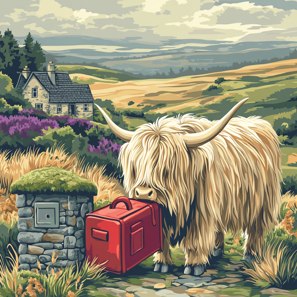 Highland Cow Postmaster At The Moorland Mailbox painting number kit
