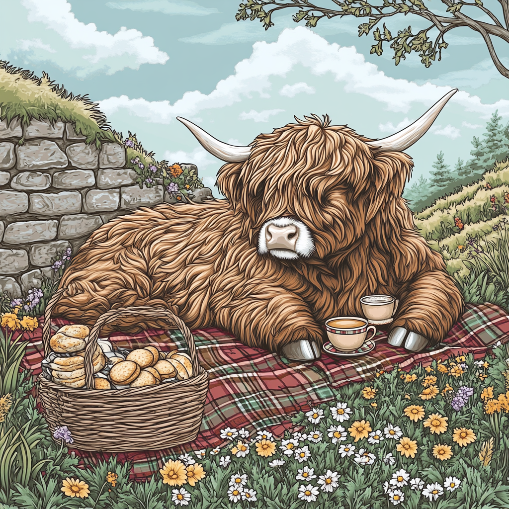 Tea Picnic With Highland Cow In Tartan Meadow painting number kit