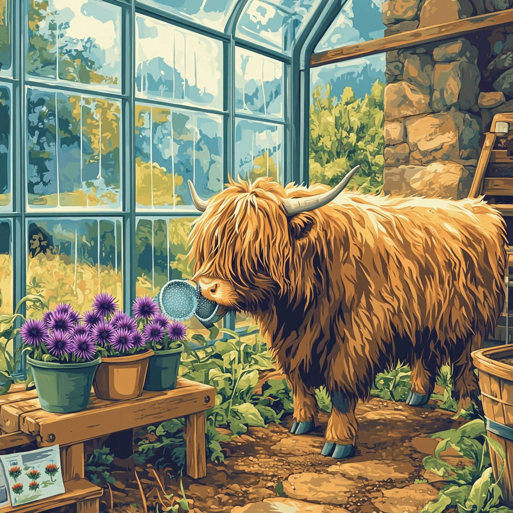 Highland Cow In The Greenhouse Of Thistles Number painting