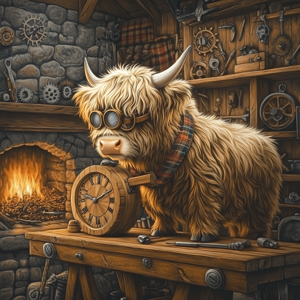 Highland Cow Clockmaker In The Croft Workshop paint by color