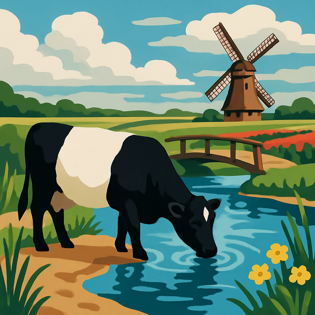 Riverbend Meadow With Cow And Windmill paint by number