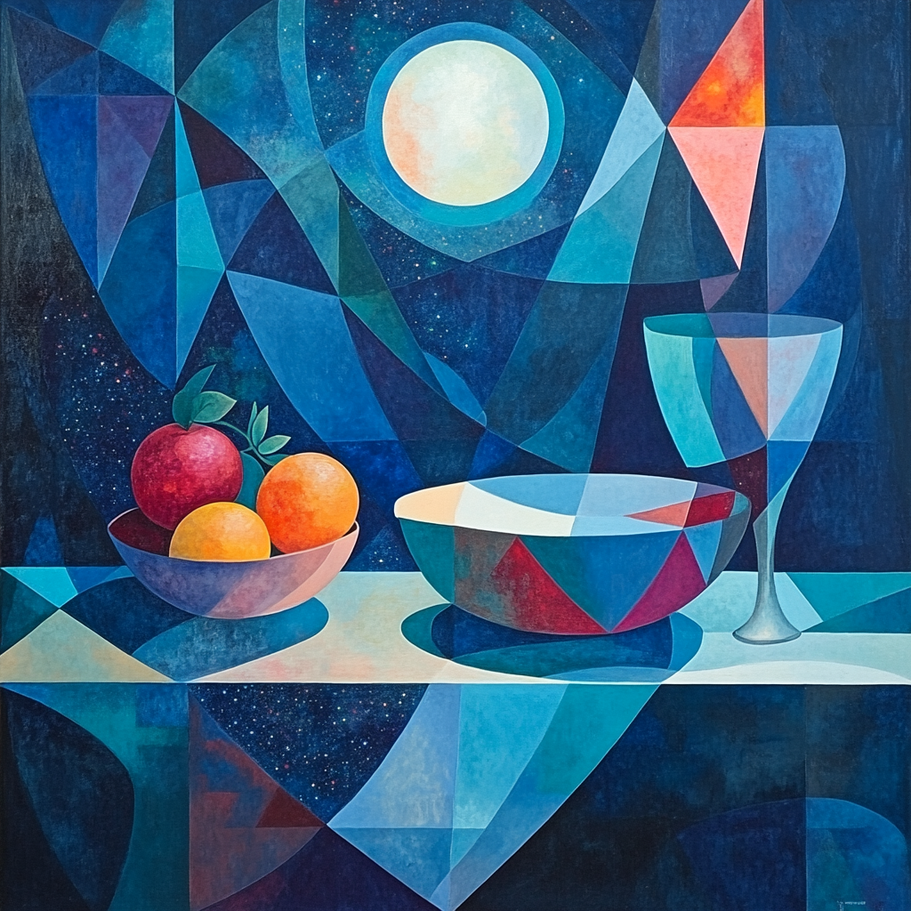 Pablo Picasso Inspired Geometric Nebula Still Life With Fractured Fruit Forms paint by number