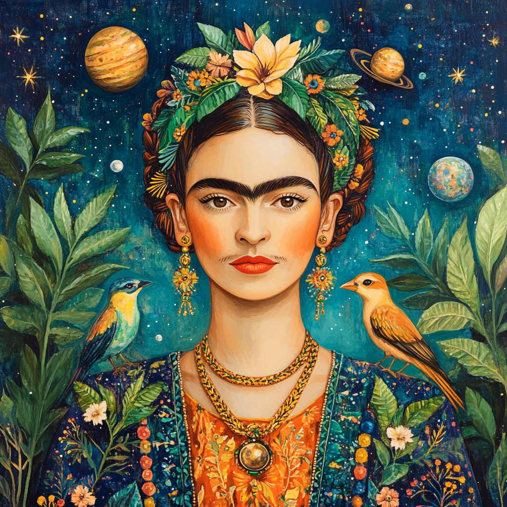 Frida Kahlo Inspired Portrait With Tropical Birds And Planets painting number kit