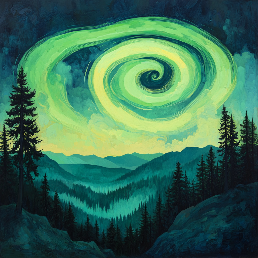 Edvard Munch Inspired Aurora Spirals Through Enchanted Pine Valley Paint by numbers kits