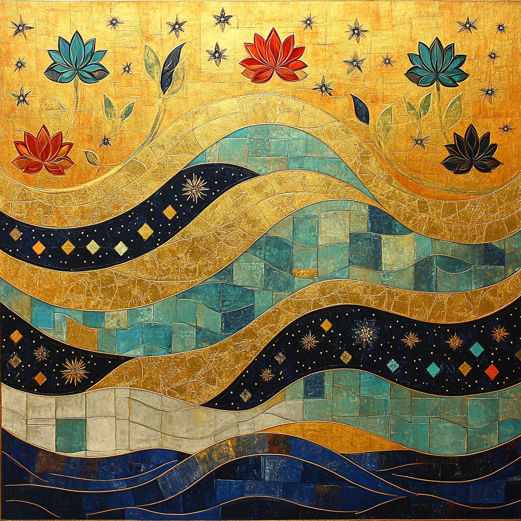 Gustav Klimt Inspired Celestial Lotus River Surface Number painting
