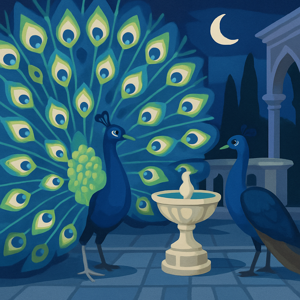 Moonlit Terrace With Peacock Courtship Numbered painting kits