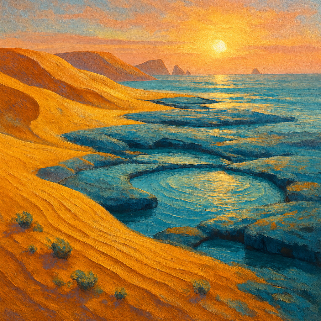Sunrise Over The Saffron Dunes And Blue Rock Pools paint by color