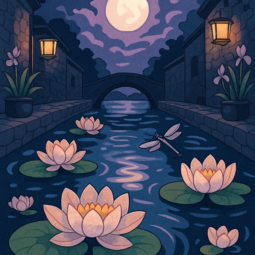 Midnight Canal With Floating Flowers Painting by numbers kit