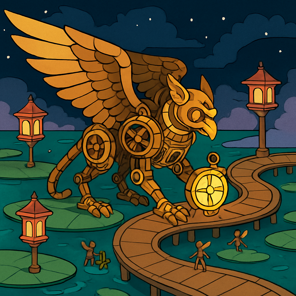 Fantasy-Lit Clockwork Gryphon Harbor Number painting