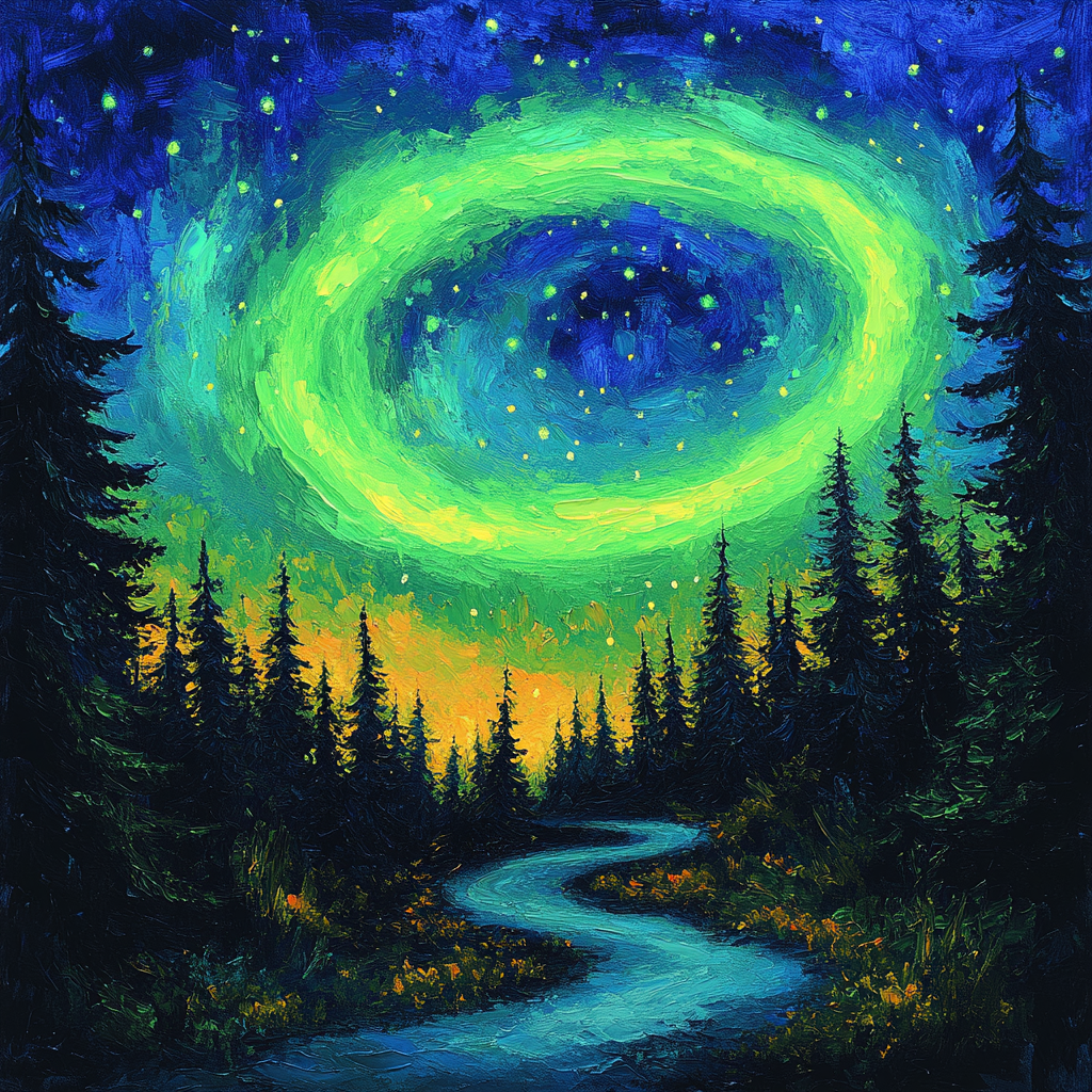 Van Gogh Inspired Aurora Over Pine Forest painting number kit