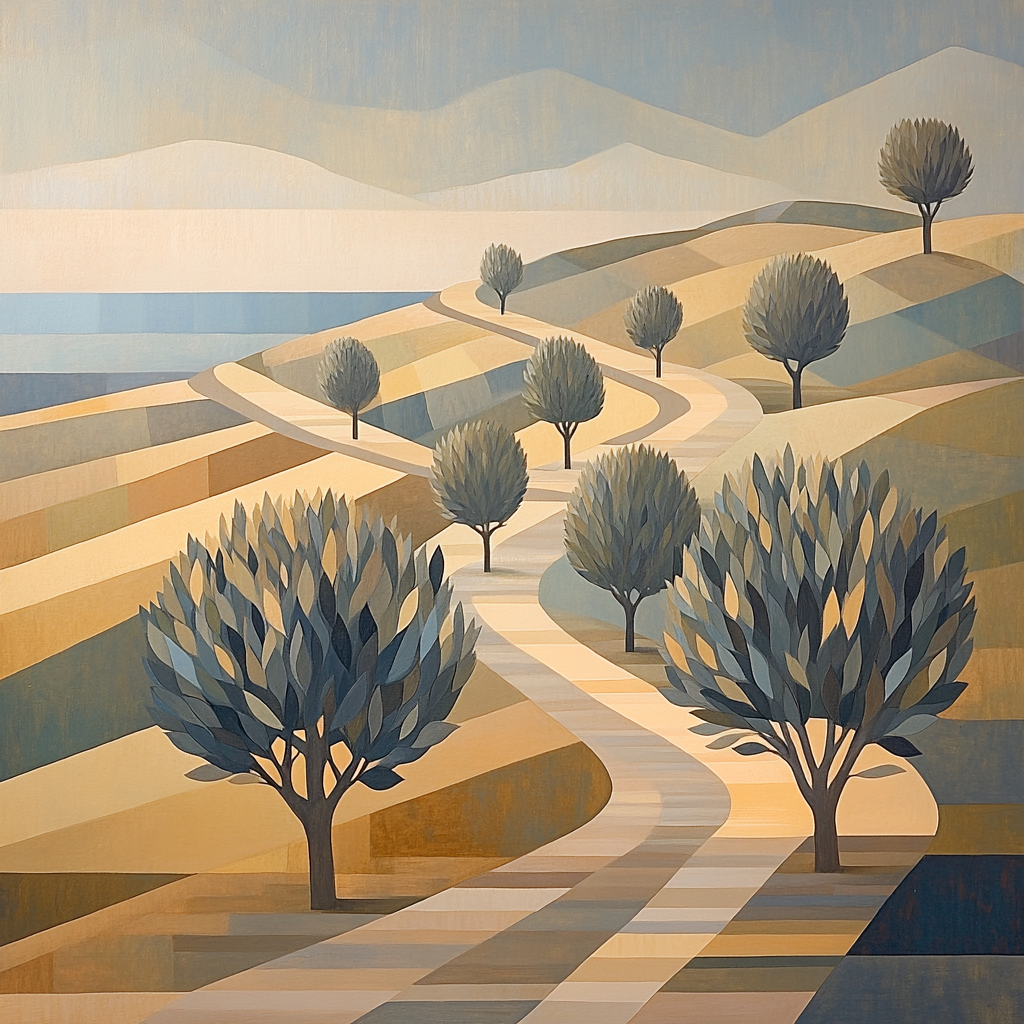 Pablo Picasso Inspired Prismatic Olive Grove Terrace paint by color