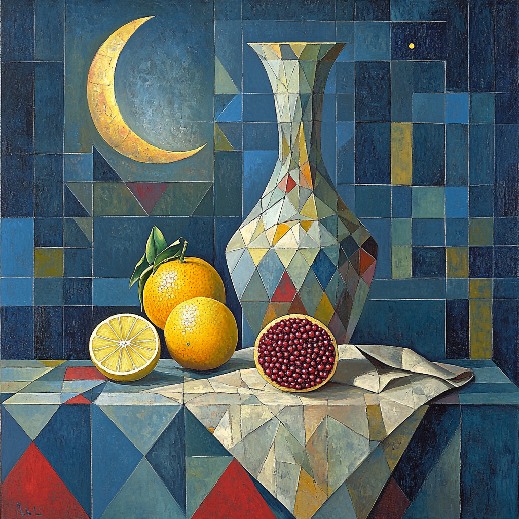 Pablo Picasso Inspired Celestial Still Life Of Faceted Fruit And Vase paint by color