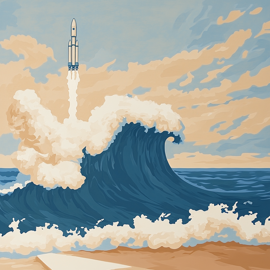 Hokusai Inspired Great Wave Around A Rocket Launch paint by color