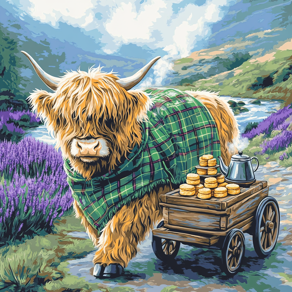 Tea Cart In The Glen With Highland Cow Paint by numbers art