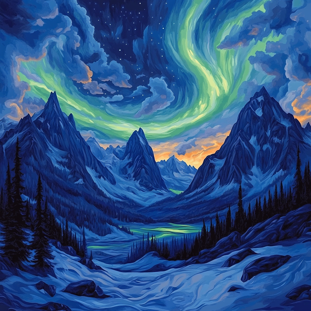 Frederick Varley Inspired Aurora Storm Over Obsidian Peaks Number painting