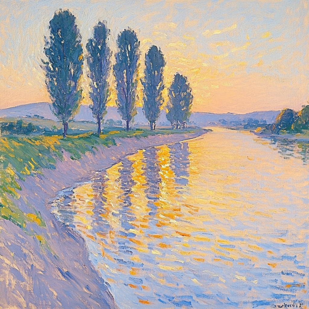 Claude Monet Inspired Poplar Riverbank In Amber Afterglow paint by color